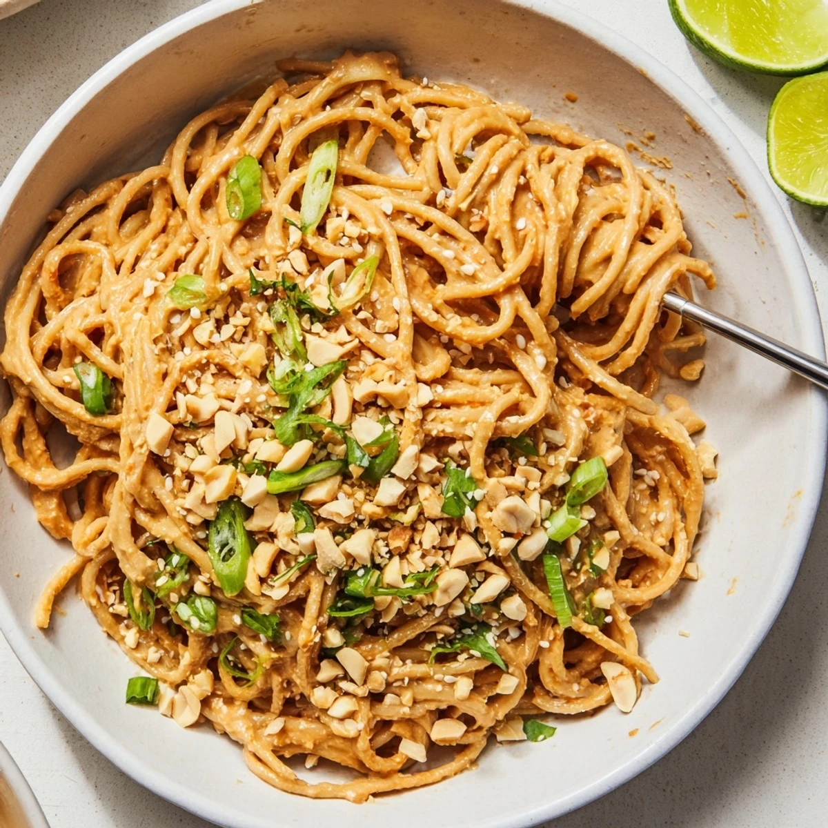 Creamy sticky peanut butter noodles tangled in savory sauce garnished with fresh green onions