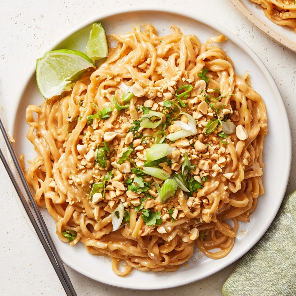 Bowl of sticky peanut butter noodles with sesame seeds and roasted peanut crunch