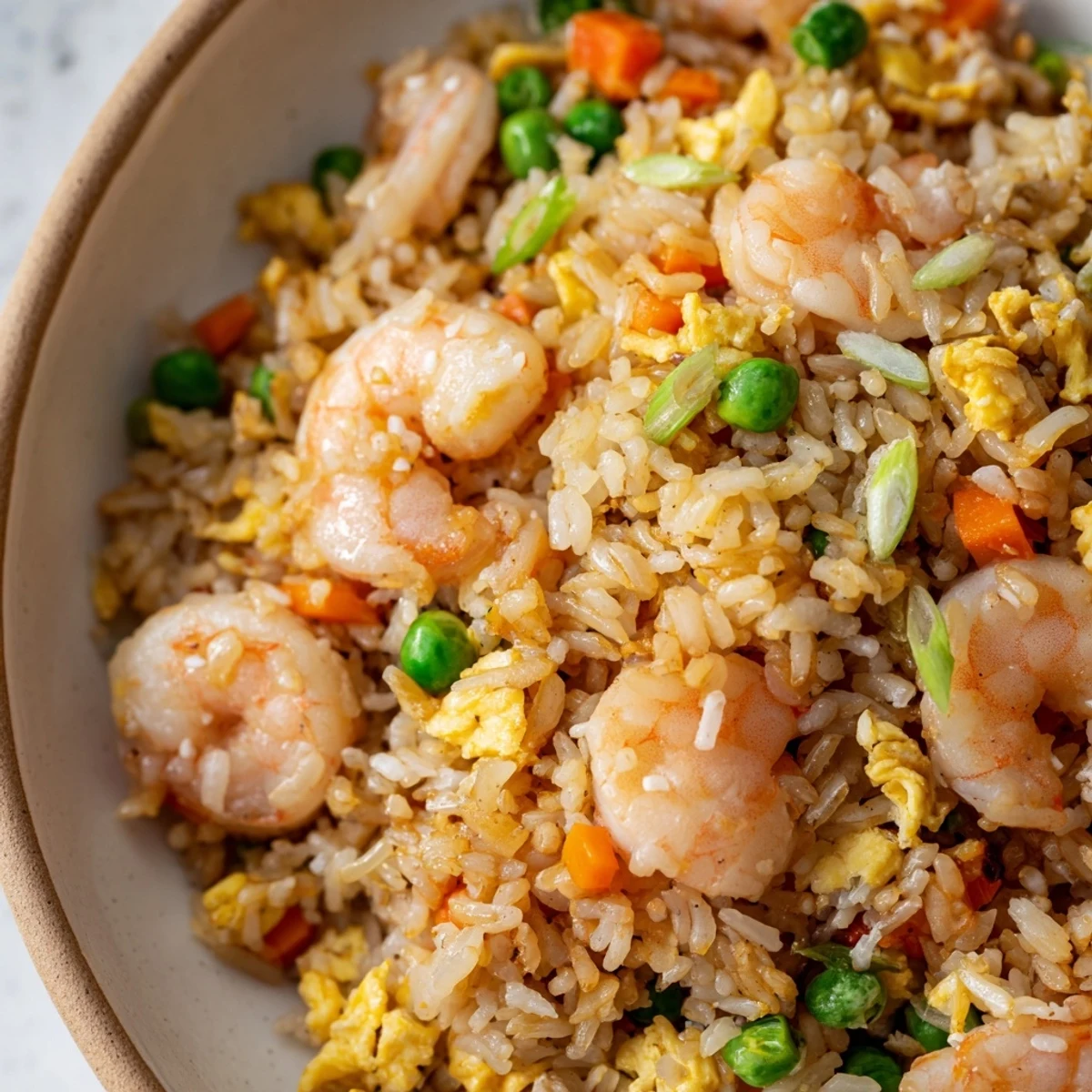 Golden plate of authentic shrimp fried rice with colorful vegetables and fluffy scrambled eggs