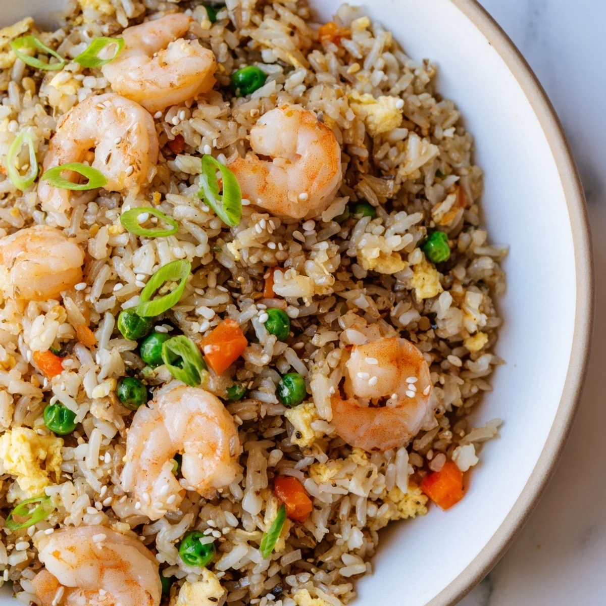 Close-up of steaming authentic shrimp fried rice in a white bowl topped with green onions