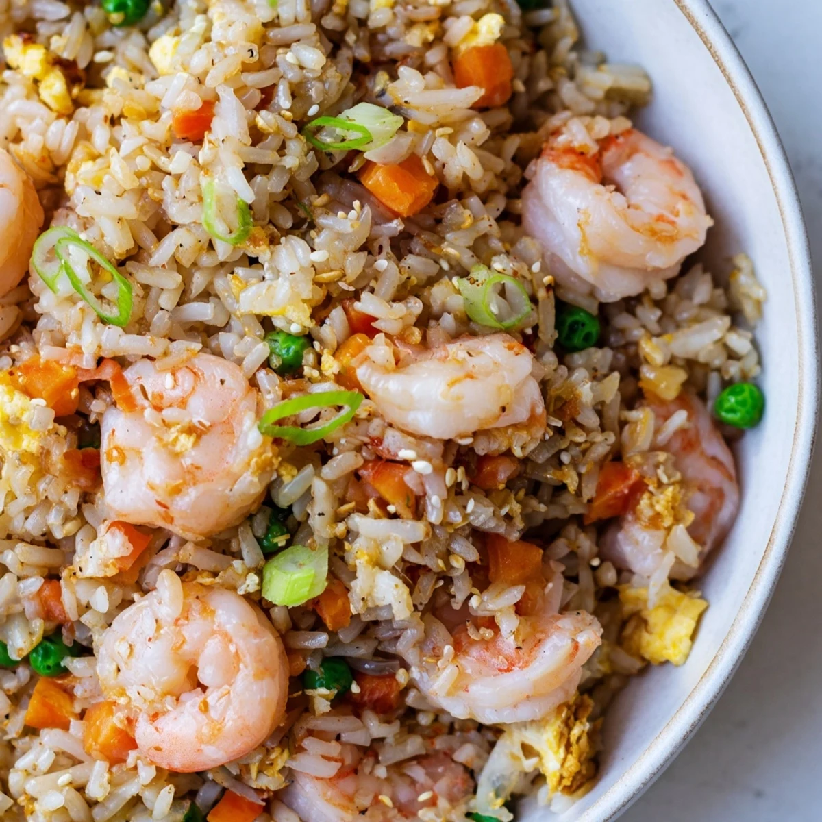 Wok-tossed authentic shrimp fried rice featuring plump pink shrimp, peas, carrots, and jasmine rice