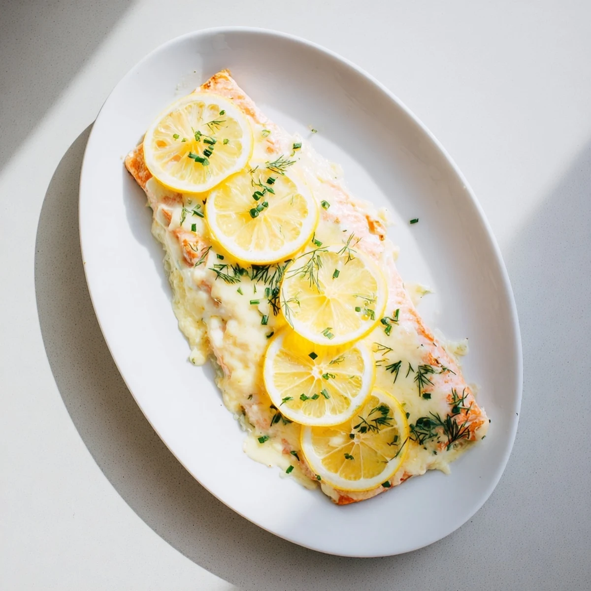 Golden baked Boursin salmon topped with melted garlic herb cheese and fresh chives