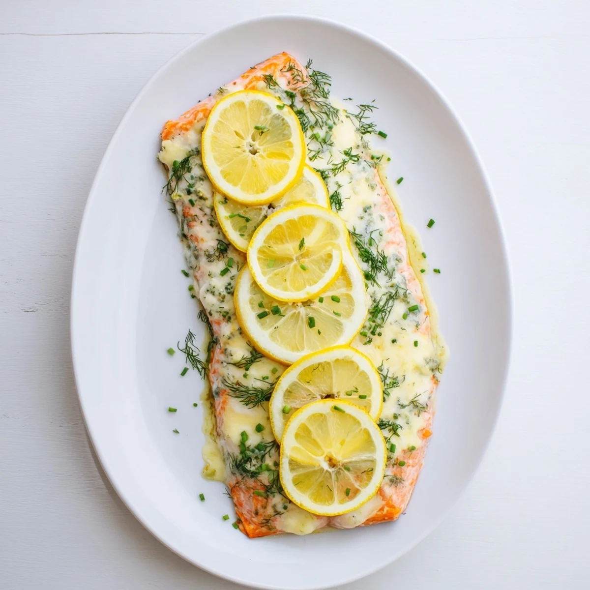 Creamy Boursin salmon fillets with bubbling cheese topping and lemon slices