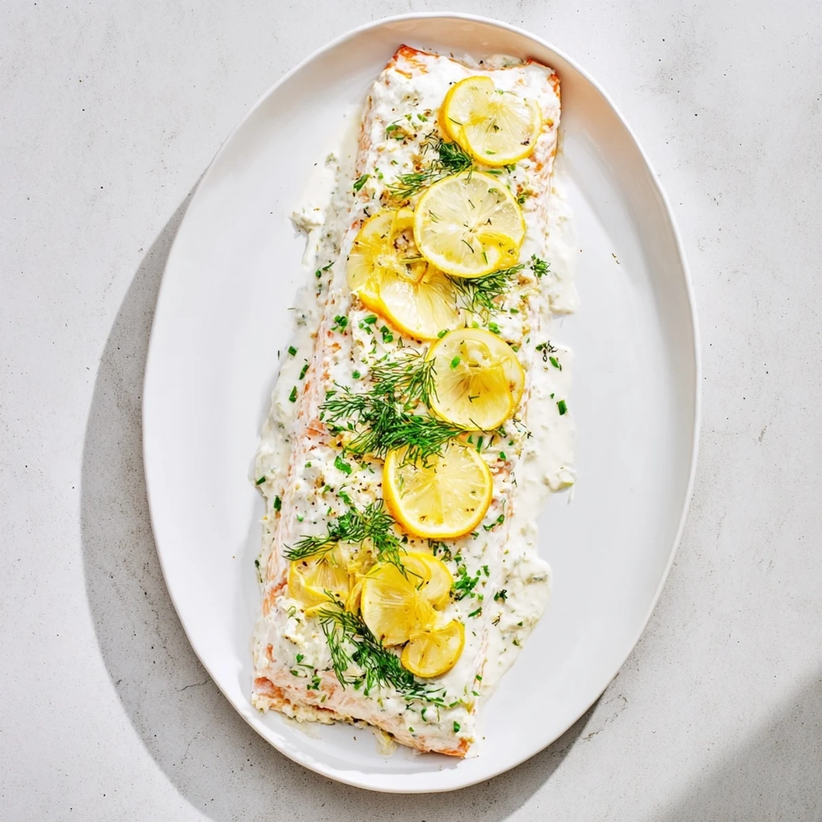 Oven-baked salmon with spreadable Boursin cheese, herbs, and golden brown edges