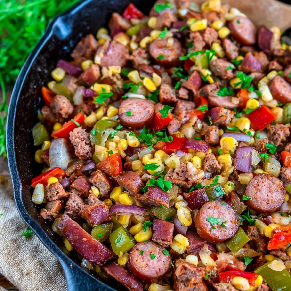 One-pan Cajun corned beef and sausage dinner featuring smoky spices crisp vegetables and golden corn kernels
