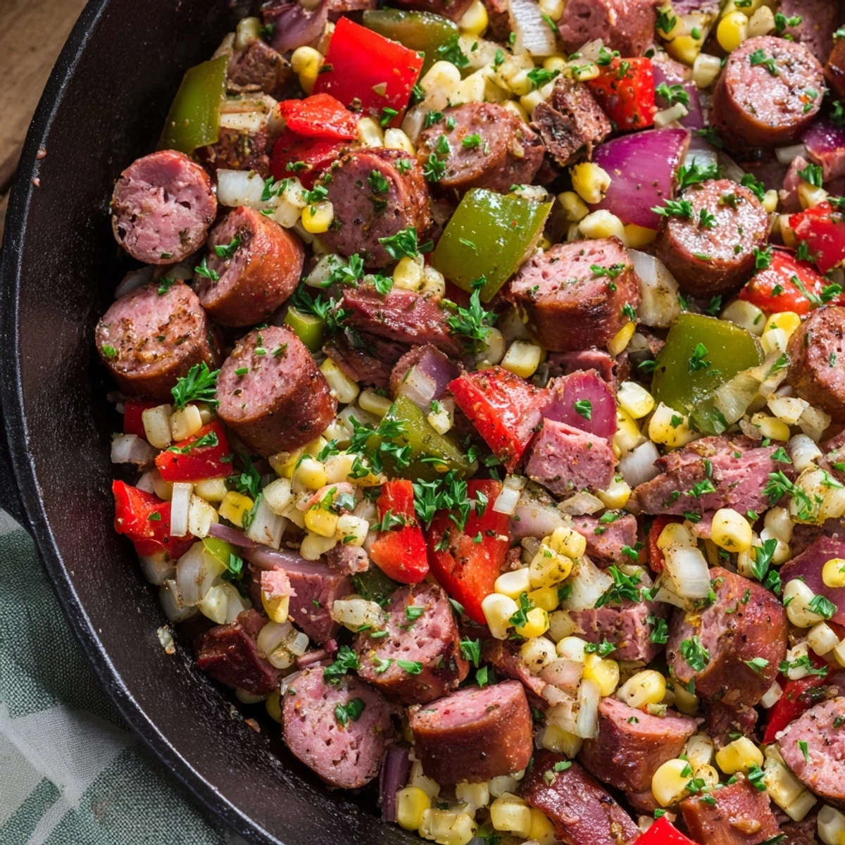 Sizzling Cajun corned beef and sausage skillet with colorful peppers and sweet corn garnished with parsley