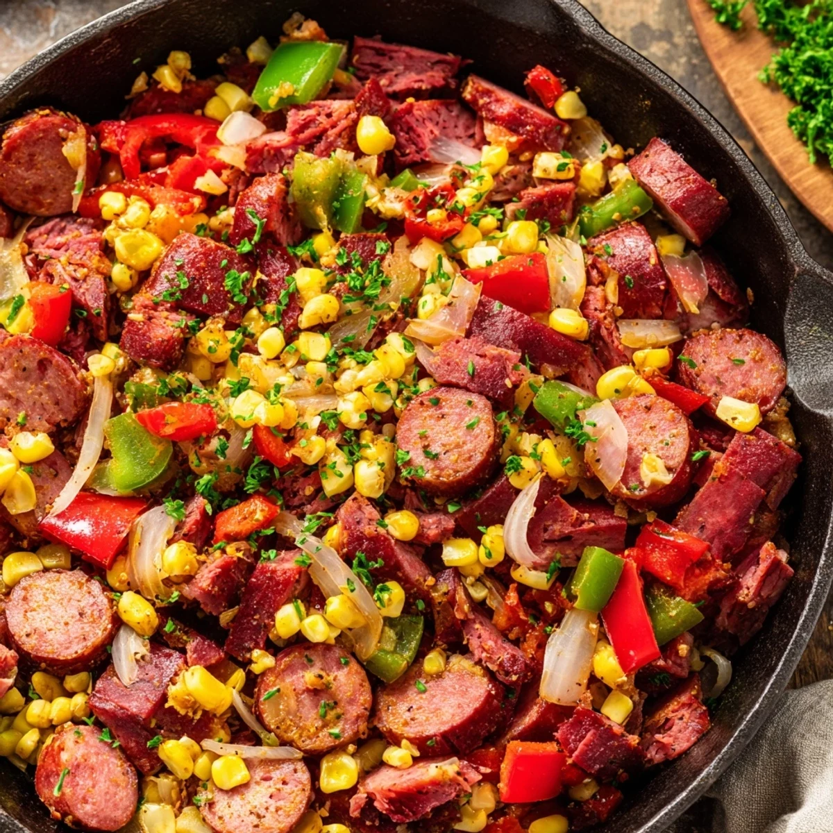Cajun corned beef and sausage skillet meal ready for serving with vibrant red and green pepper pieces