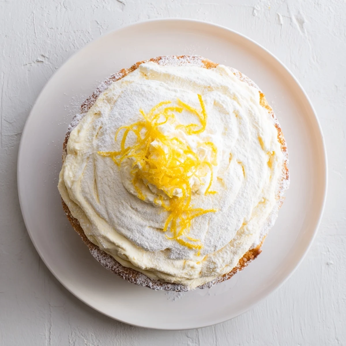 Golden Italian lemon cream cake layered with tangy mascarpone filling and dusted with powdered sugar