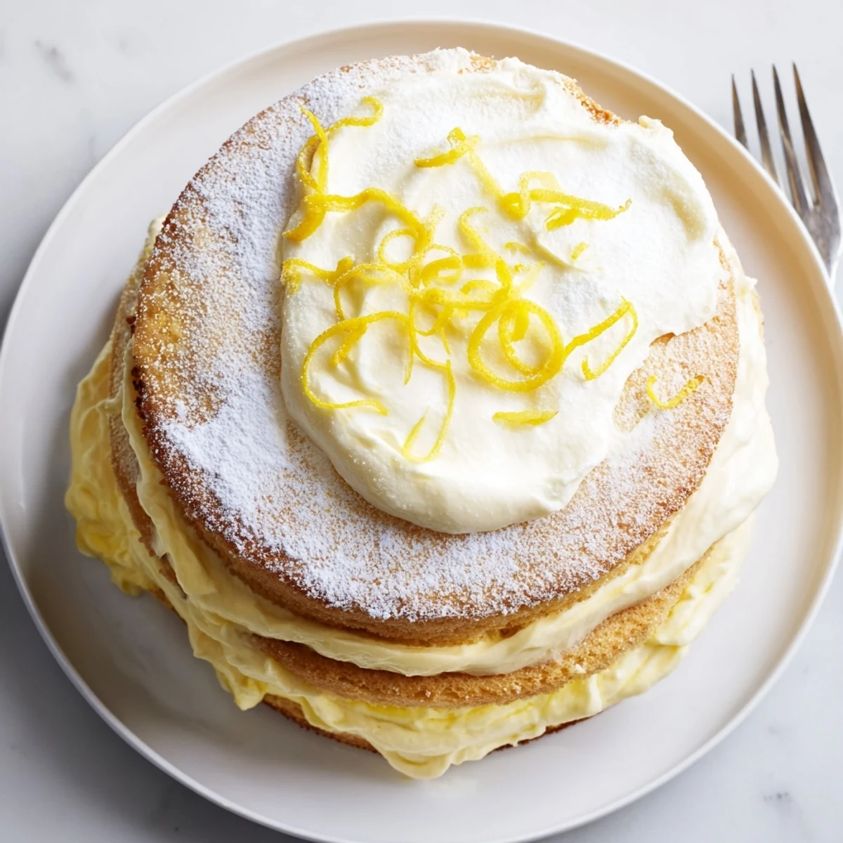 Two-layer sponge cake filled with fluffy lemon cream and topped with fresh lemon zest garnish