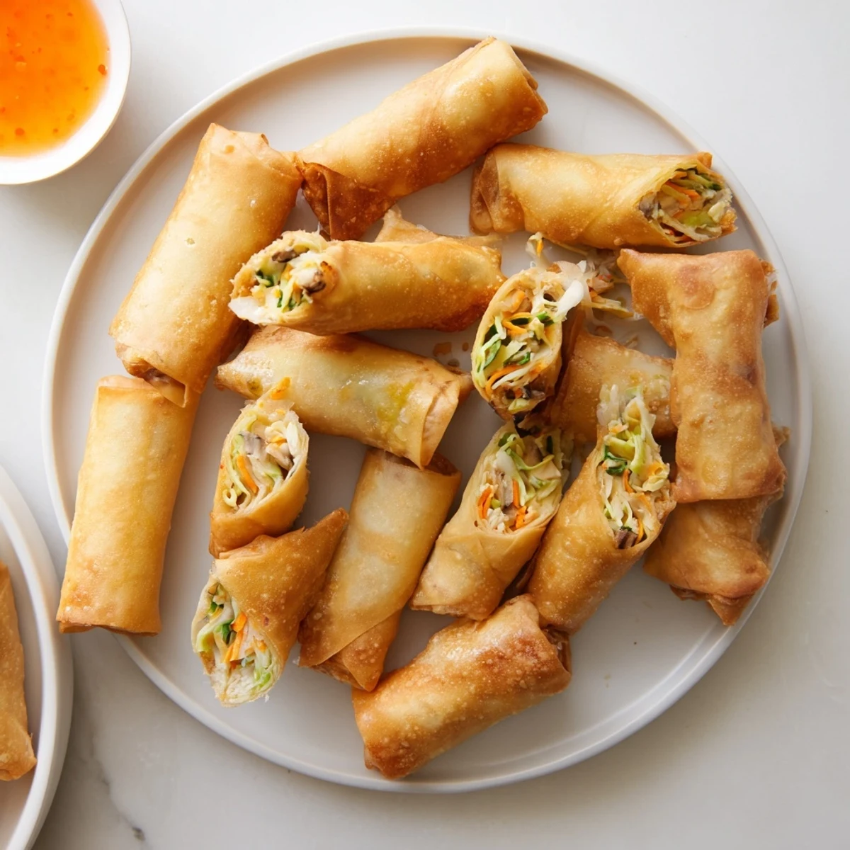 Golden crispy spring rolls arranged on a white plate with sweet chili dipping sauce