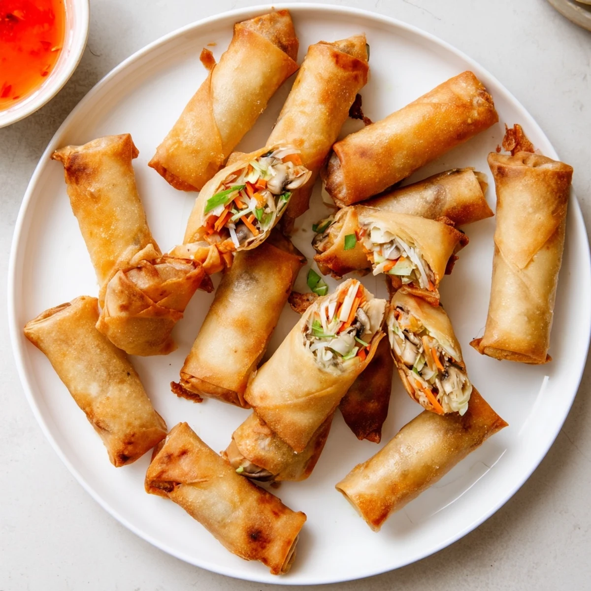 Vegetable-filled crispy spring rolls displaying a perfectly fried golden brown texture and crunch