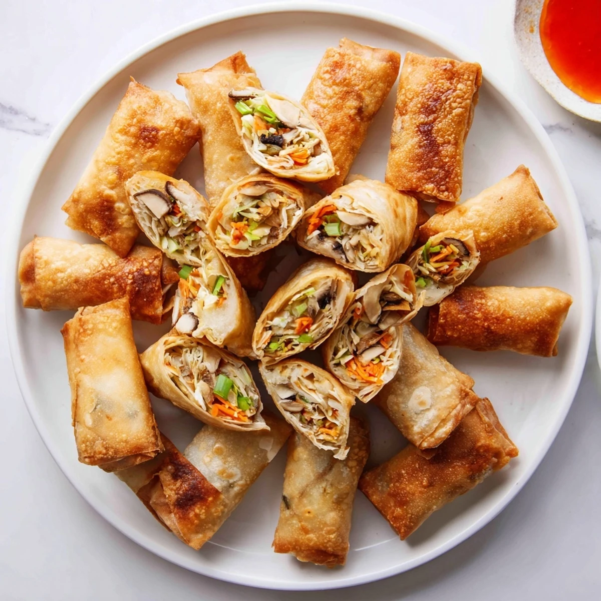 Homemade crispy spring rolls with colorful vegetable filling served on dark slate platter