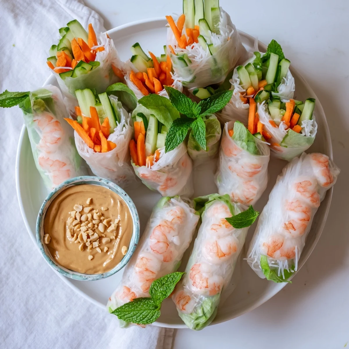 Fresh Vietnamese spring rolls with transparent rice paper revealing crisp colorful vegetables and pink shrimp