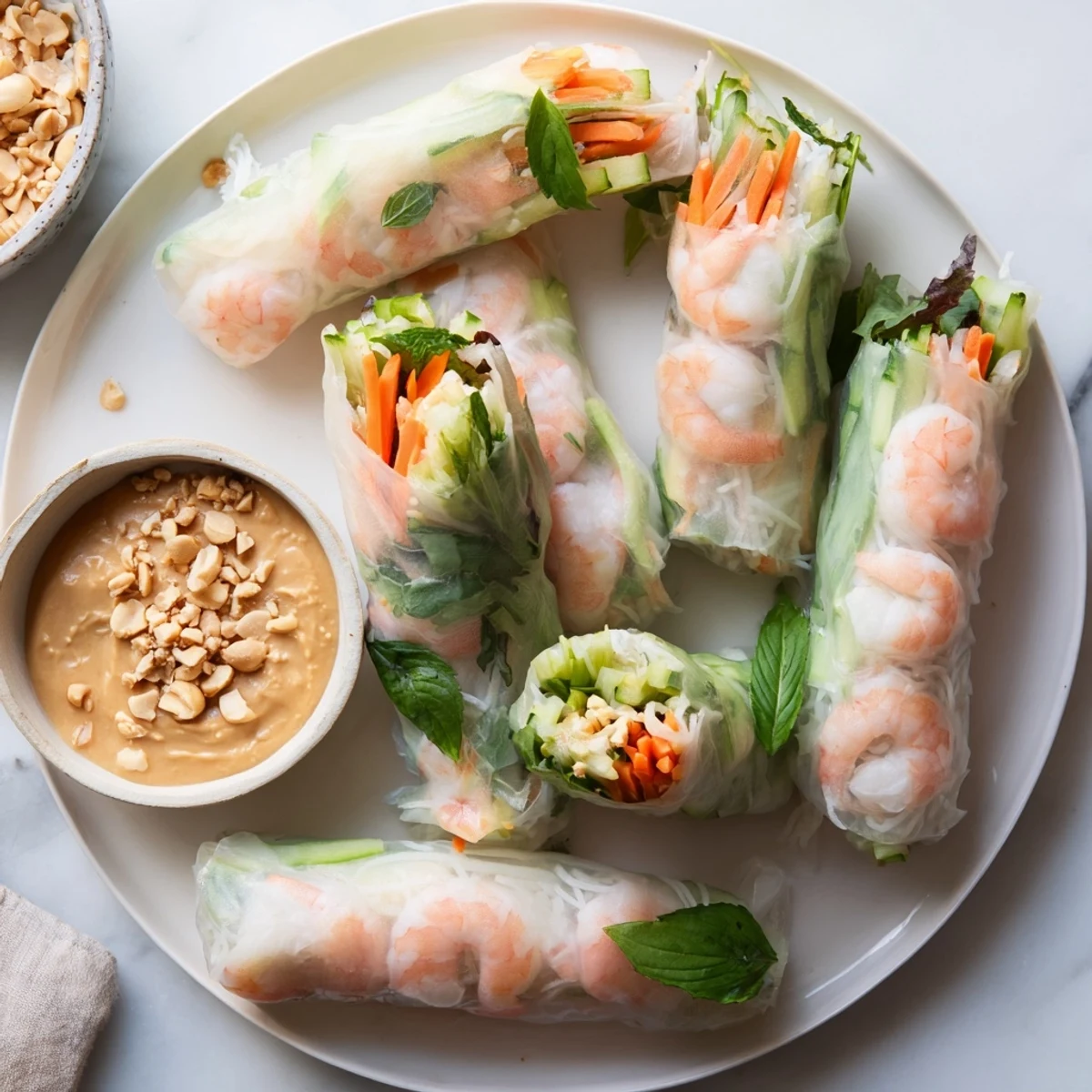 Homemade Vietnamese spring rolls arranged on platter with mint, cilantro, and creamy peanut dipping sauce