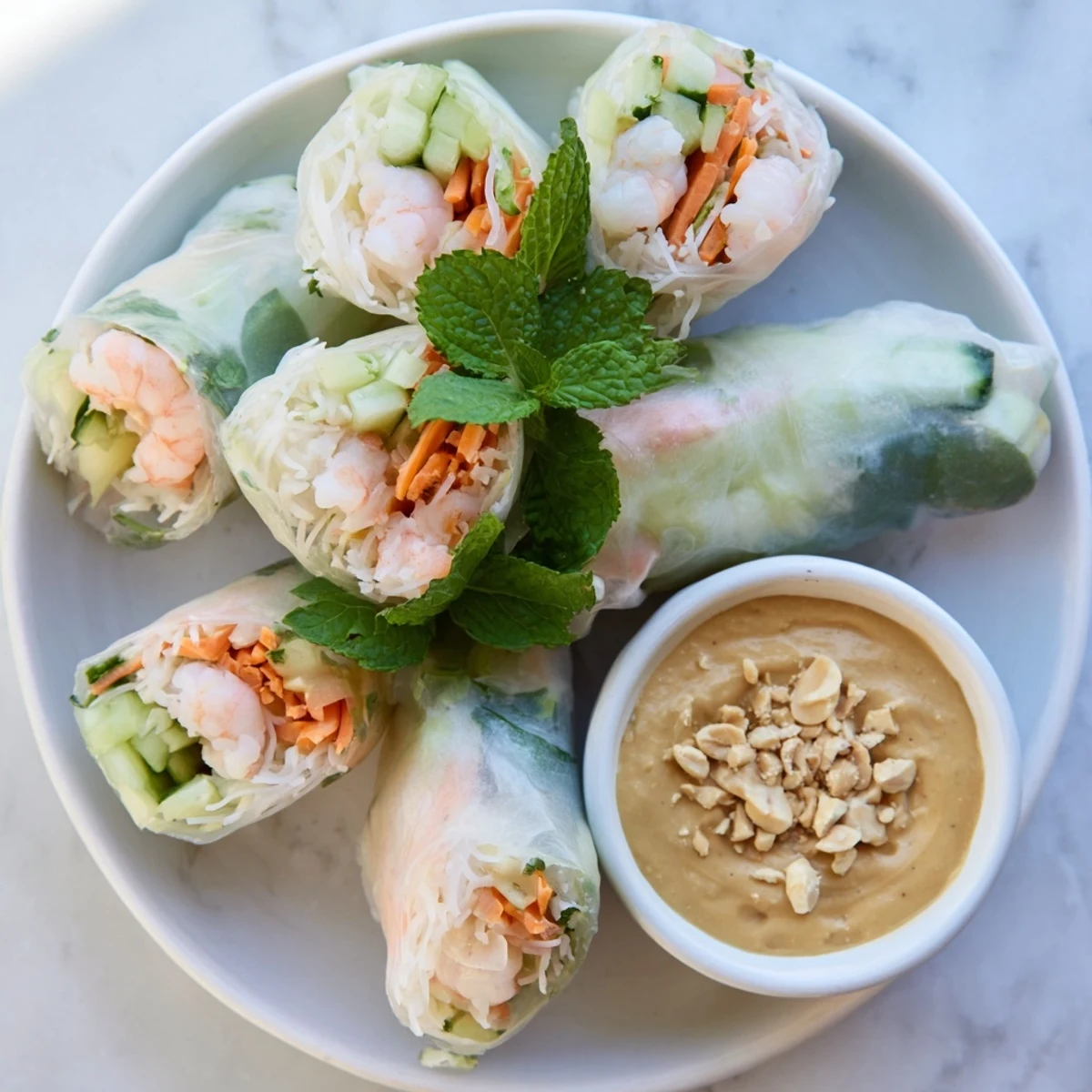 Close-up of fresh Vietnamese spring rolls showcasing julienned carrots, cucumber, rice noodles, and herbs inside