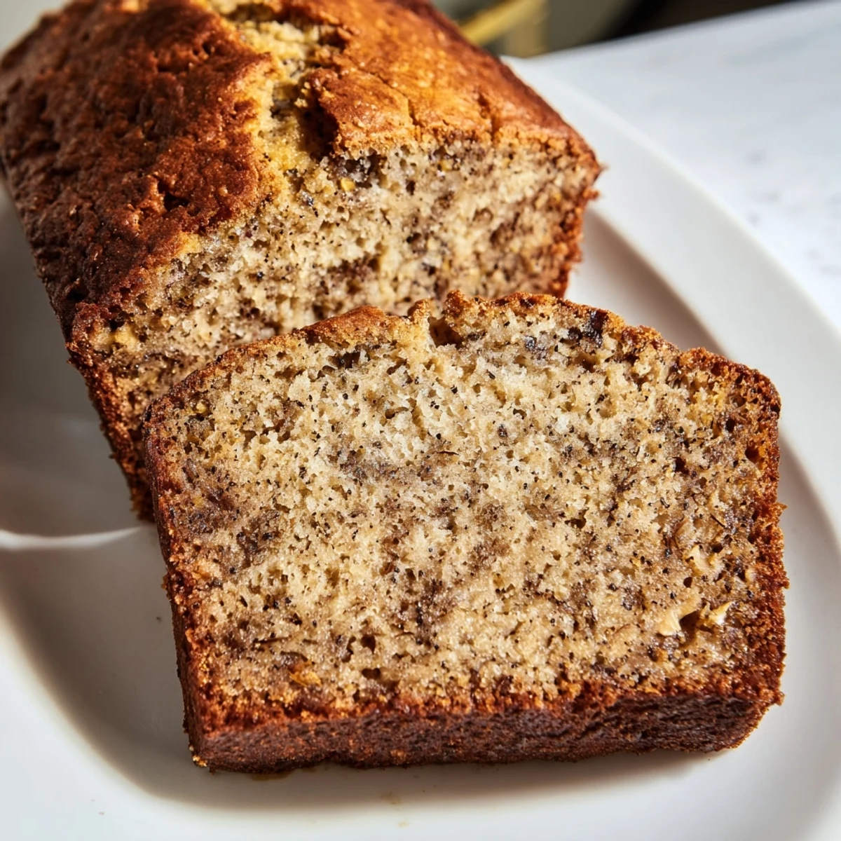 Golden brown moist banana bread loaf sliced on wooden cutting board with soft texture visible
