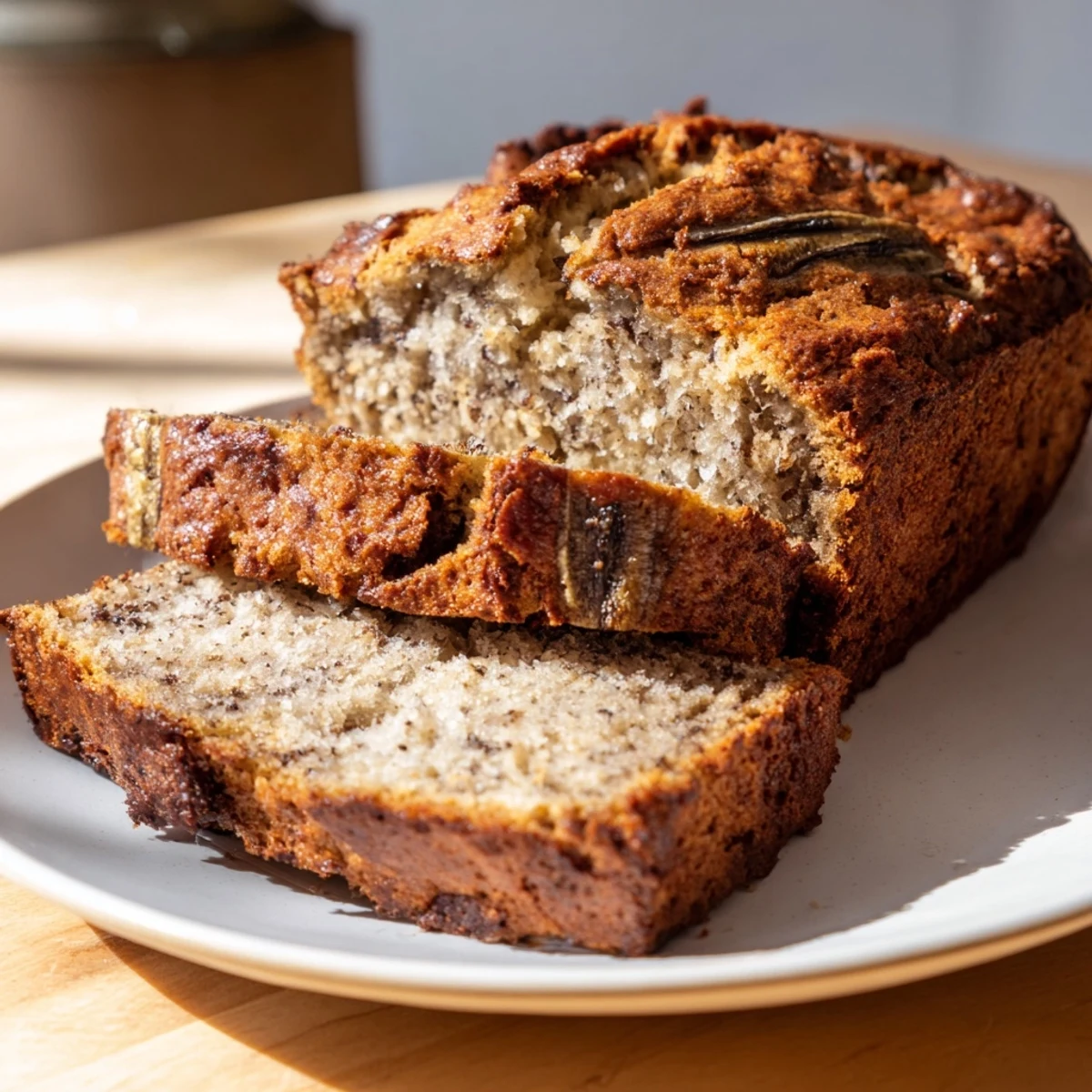 Slice of moist banana bread showing tender crumb texture on white plate with scattered walnuts