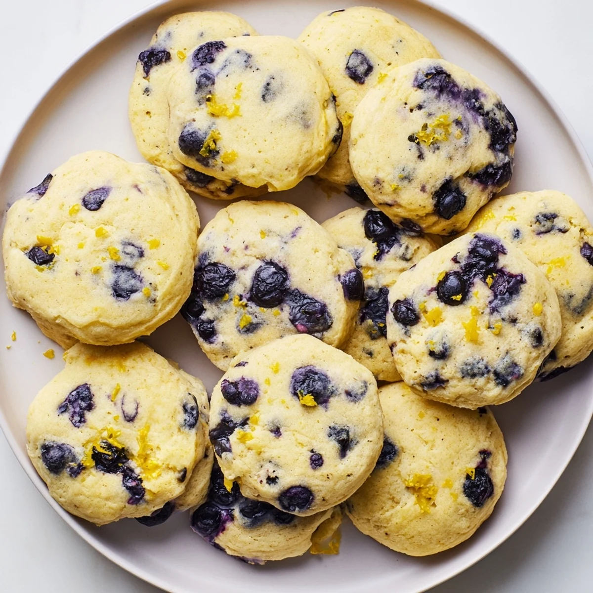 Soft lemon blueberry cheesecake cookies with fresh blueberries and golden edges on a white plate