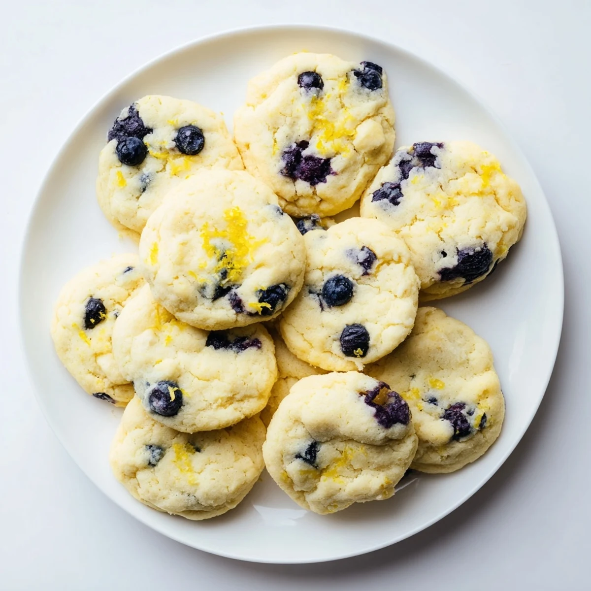 Creamy lemon blueberry cheesecake cookies stacked high with visible fruit and tender crumb texture