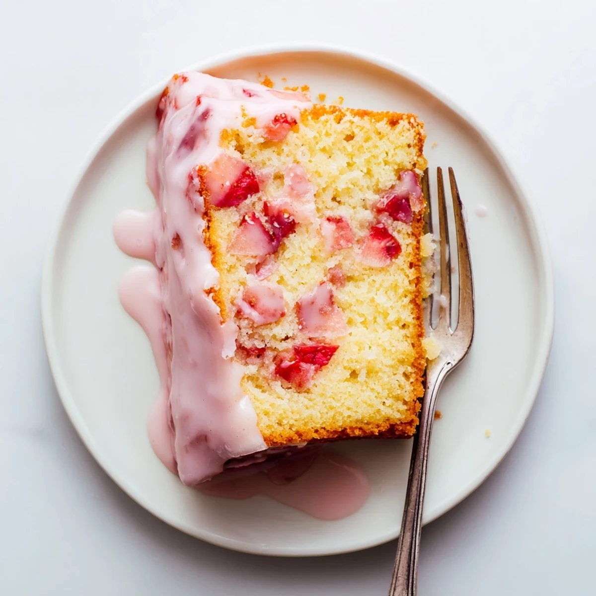 Golden pound cake speckled with fresh diced strawberries topped with pink strawberry glaze