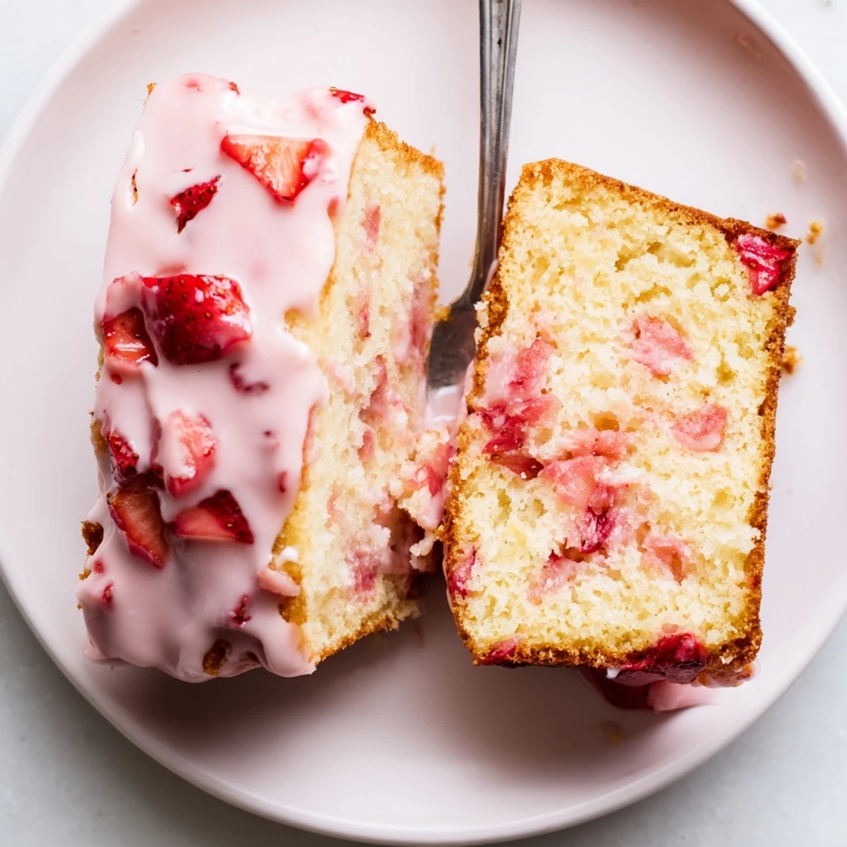 Moist buttery strawberry pound cake slice drizzled with sweet strawberry glaze on white plate