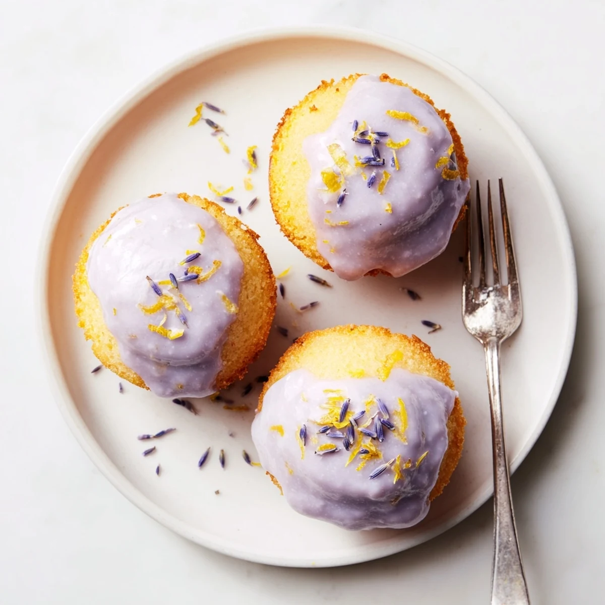 Zesty lemon mini cakes crowned with purple-hued lavender glaze and sprinkled with fresh lemon zest