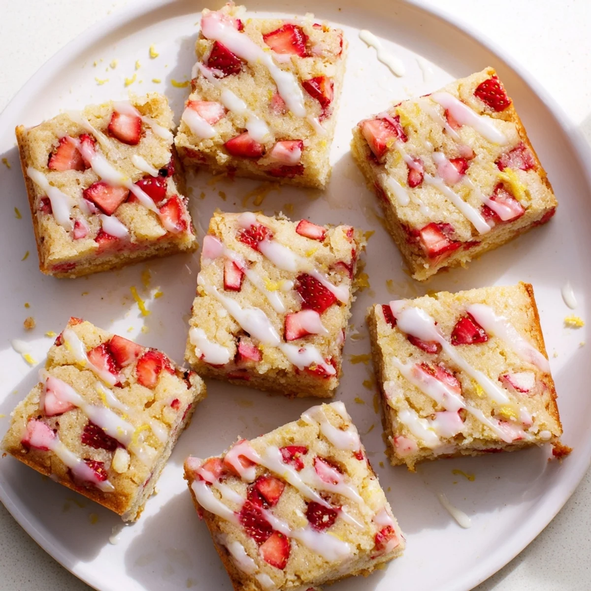 Golden blondie squares dotted with fresh red strawberries topped with creamy lemon glaze