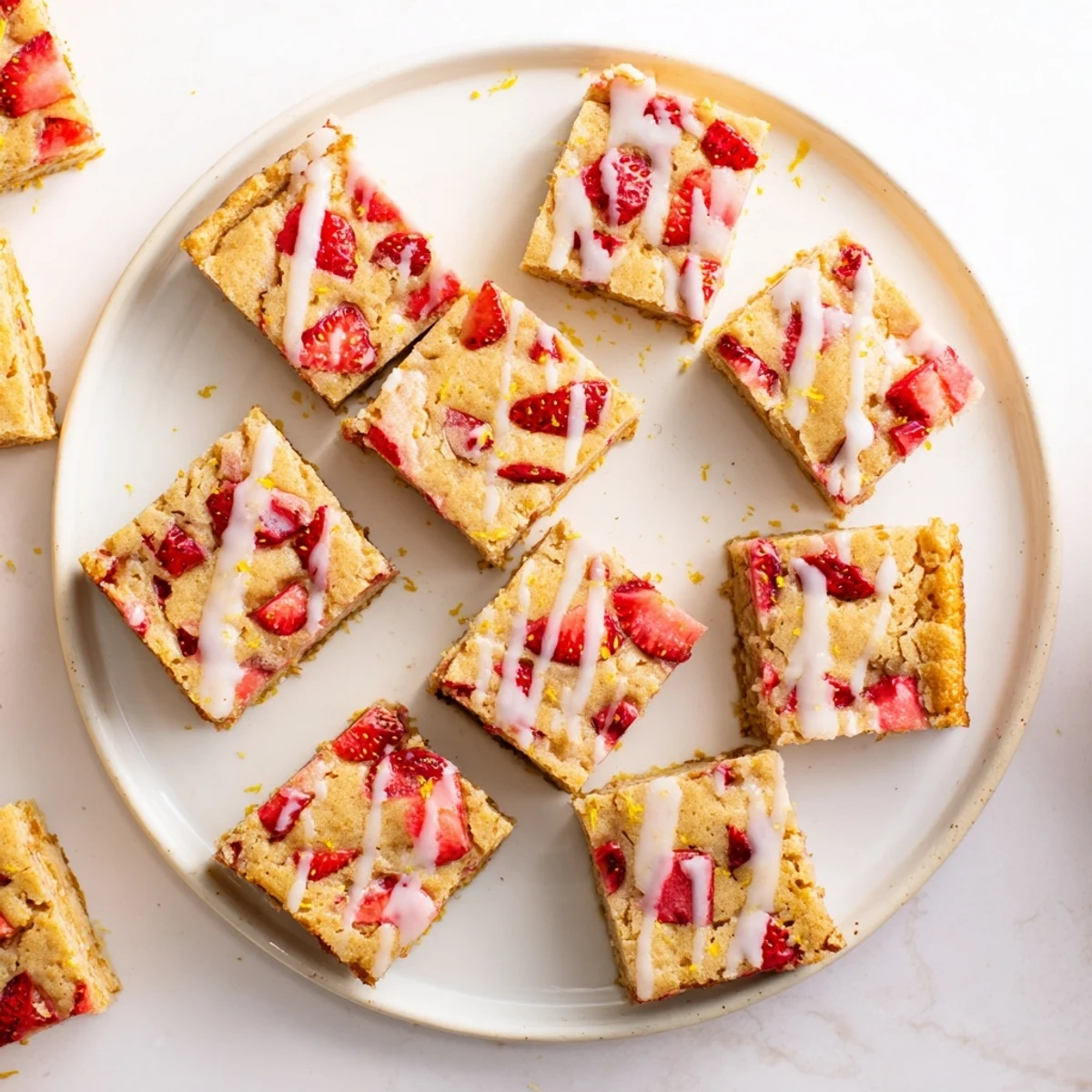 Moist strawberry lemon blondies with tangy glaze cut into squares for spring dessert