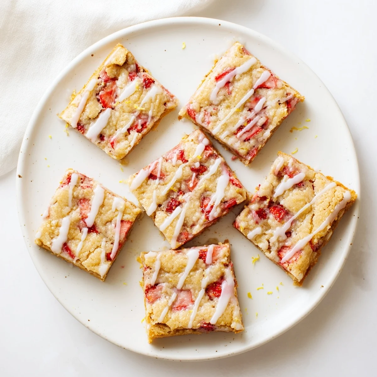 Chewy strawberry lemon blondies drizzled with sweet lemon icing on a white plate