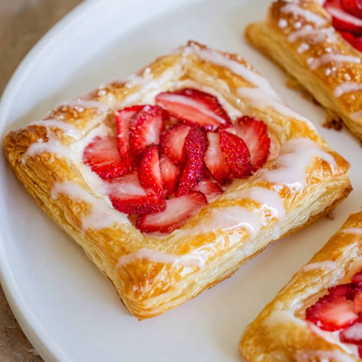 Buttery pastry breakfast danishes bursting with strawberry slices and drizzled vanilla glaze