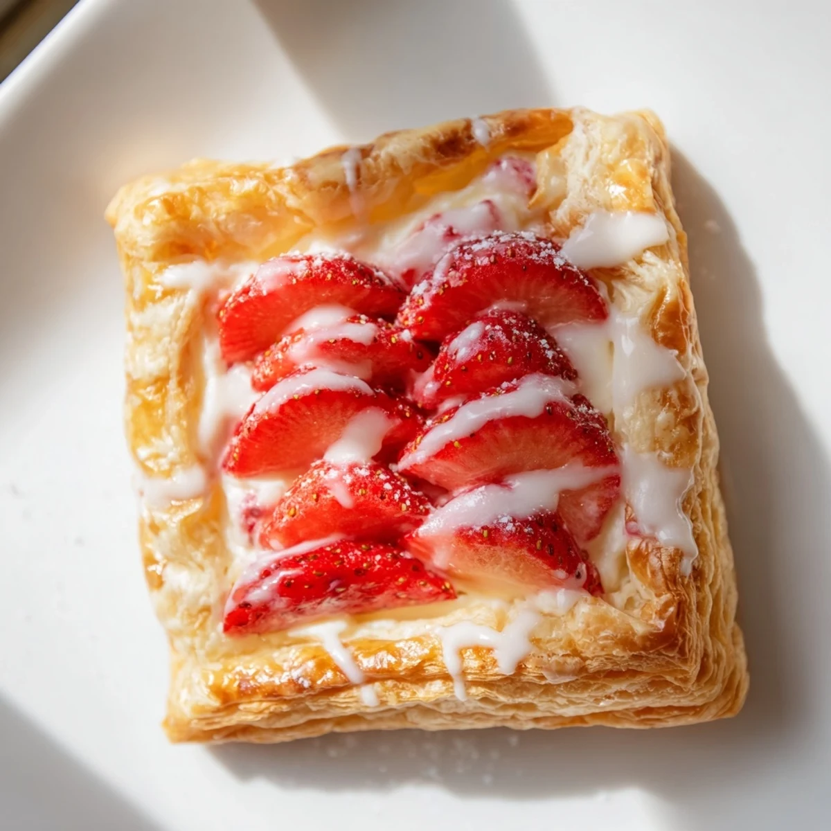 Golden flaky strawberry danishes topped with fresh berries and sweet cream cheese filling