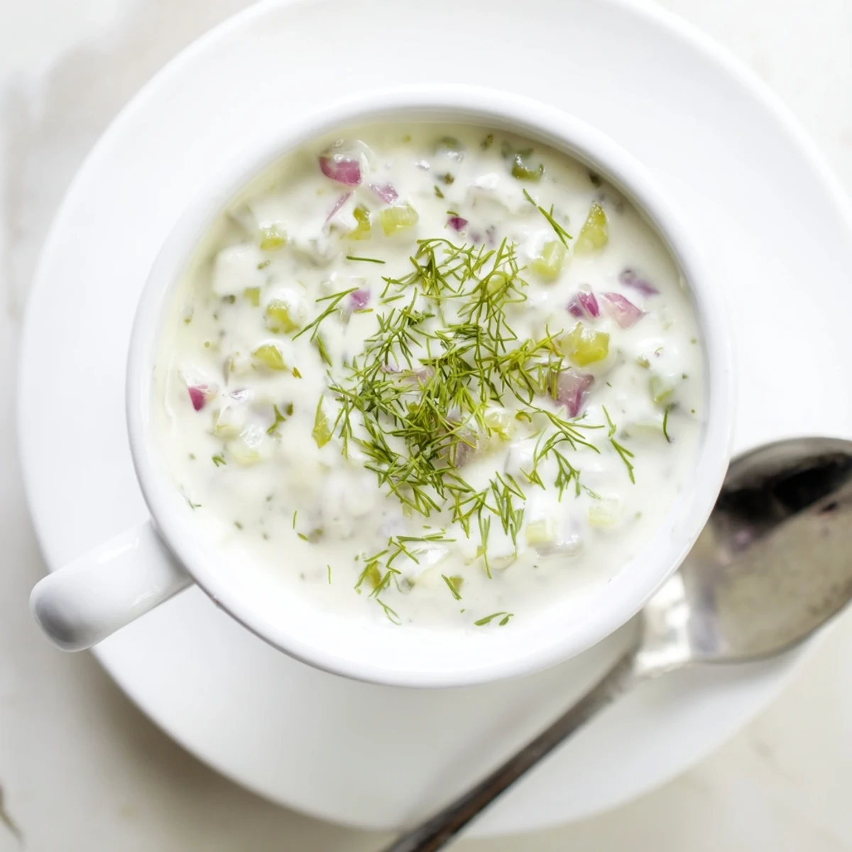 Vibrant spicy dill pickle burger sauce in a small white bowl garnished with fresh green dill sprigs