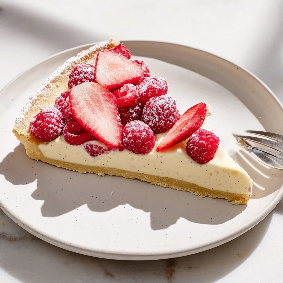 Golden vanilla bean pastry cream tart topped with fresh berries and powdered sugar