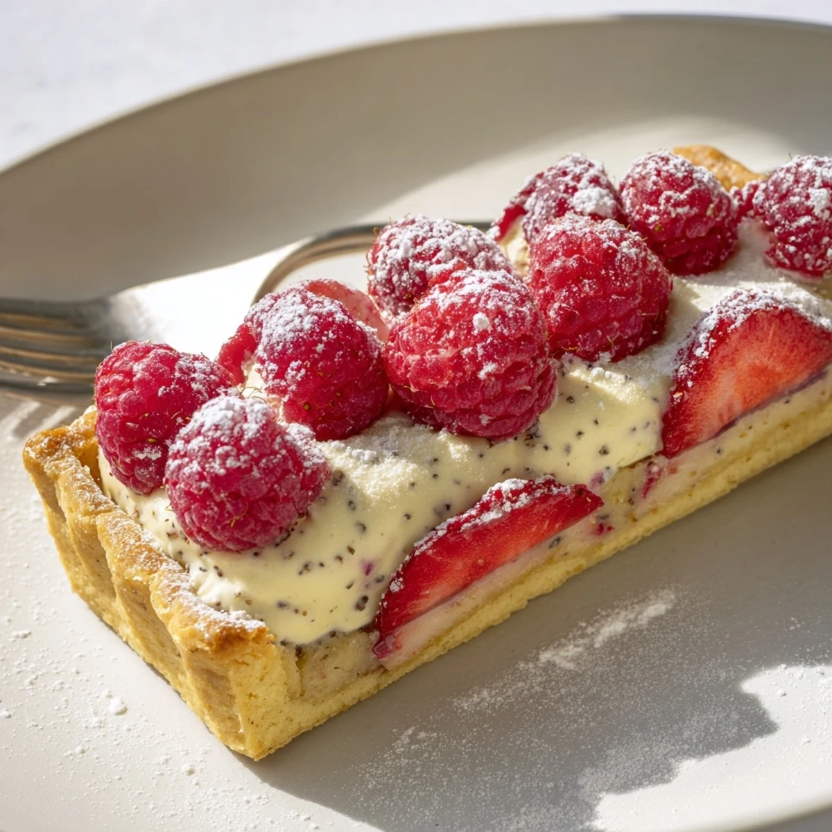 Crisp buttery tart shell filled with silky vanilla bean cream and glossy finish