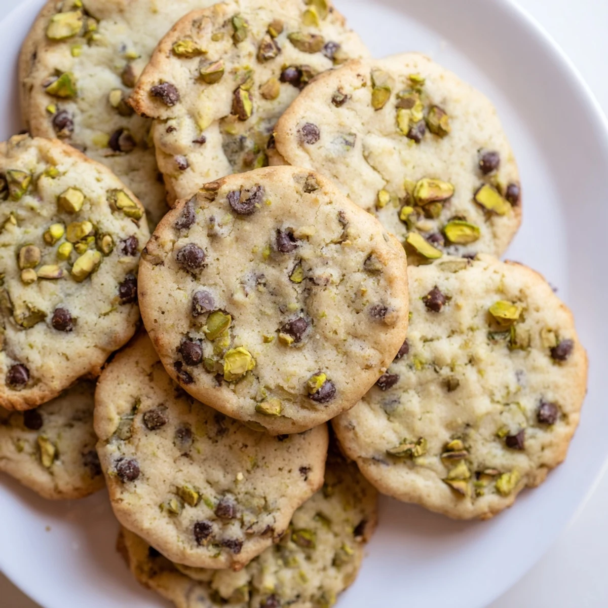 Soft pistachio cream chocolate chip cookies fresh from the oven with golden edges and melted chocolate chips