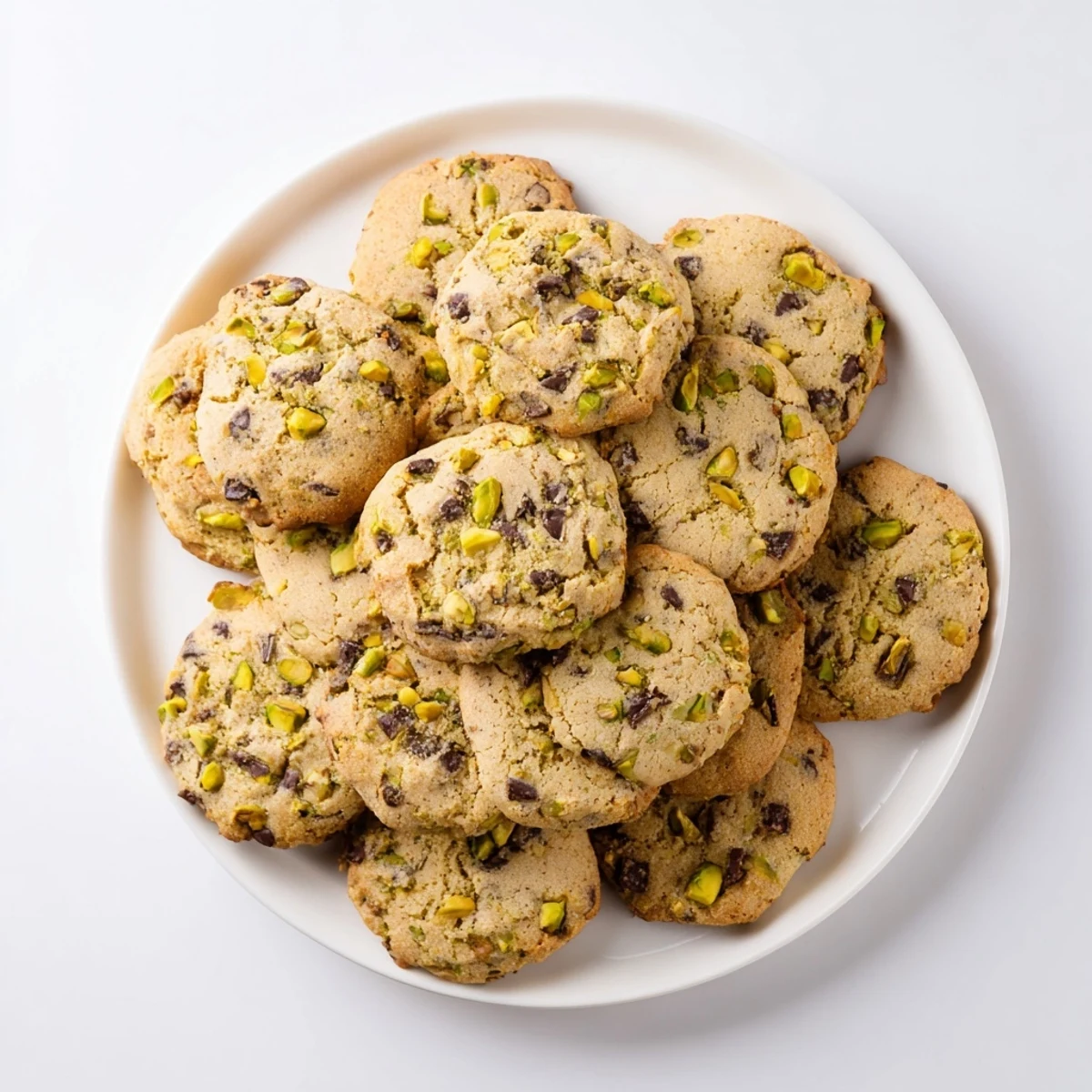 Chewy pistachio cream chocolate chip cookies piled high on a wooden board with chopped nut toppings