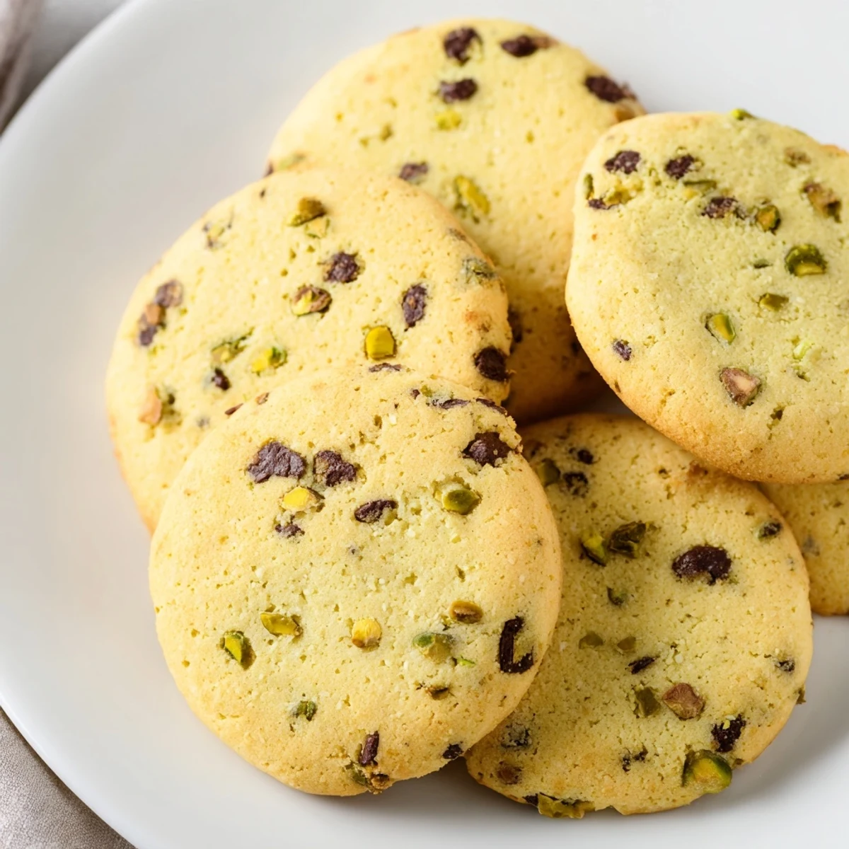 Plate of warm pistachio cream chocolate chip cookies featuring green cream swirls and glossy chocolate morsels