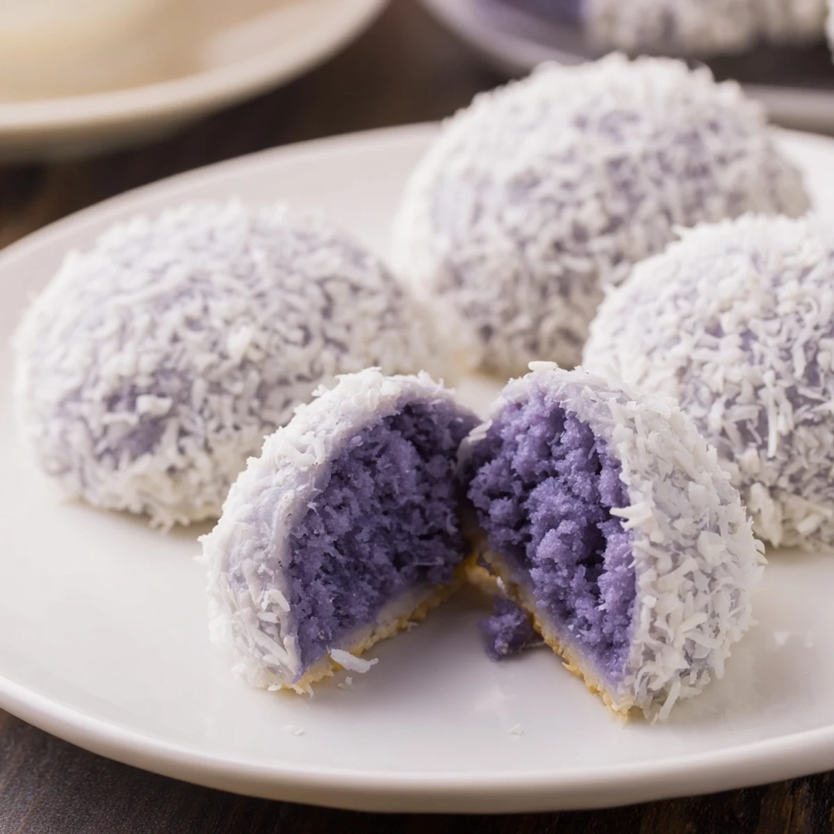 Tender bite-sized coconut ube besito cookies arranged on a rustic serving platter for afternoon tea