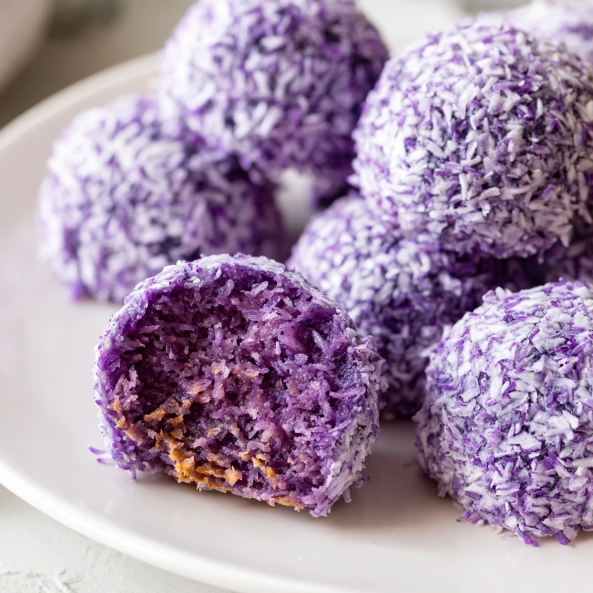 Freshly baked purple coconut ube besito cookies stacked on wire cooling rack with tropical coconut flakes