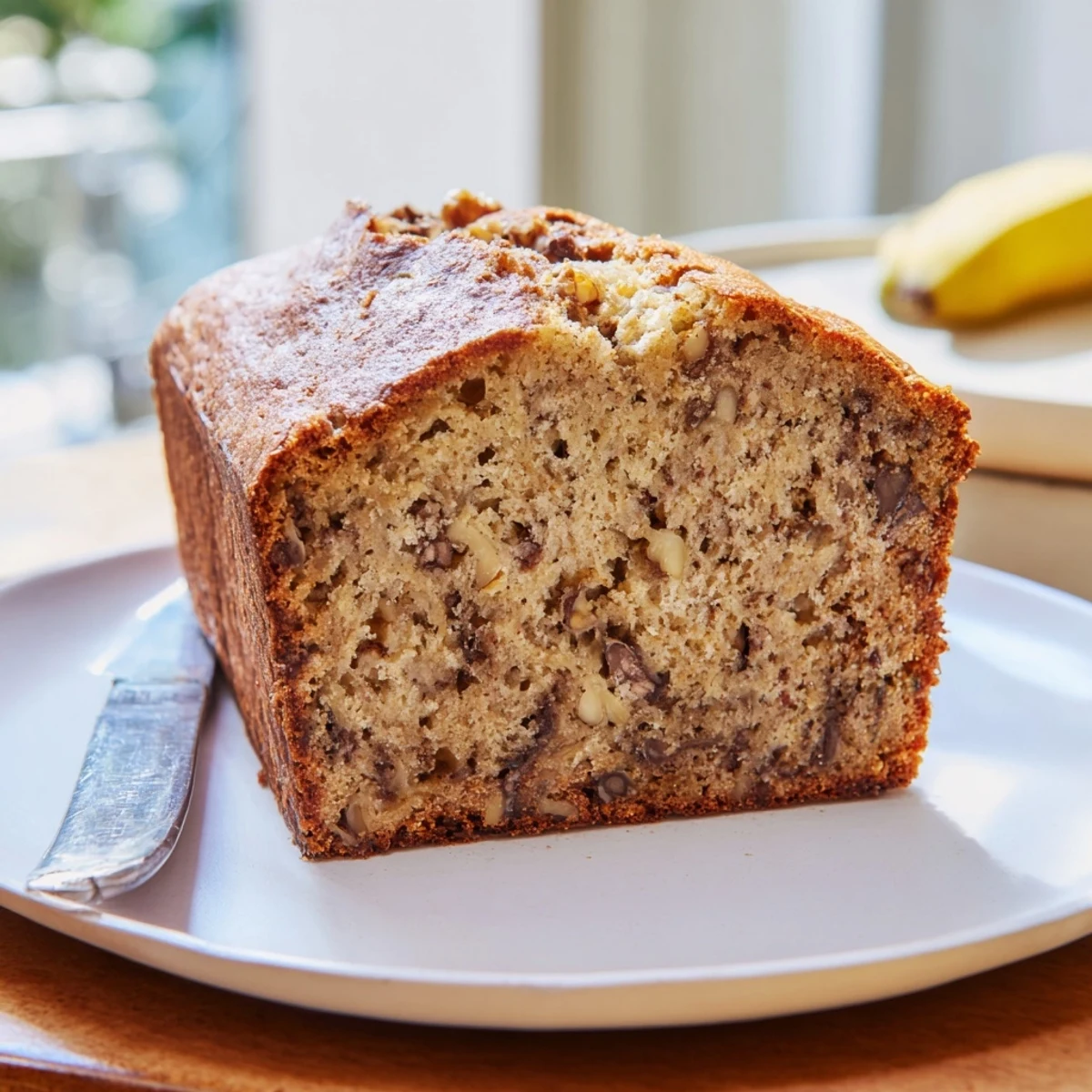 Golden brown moist banana bread with sour cream sliced on wooden board