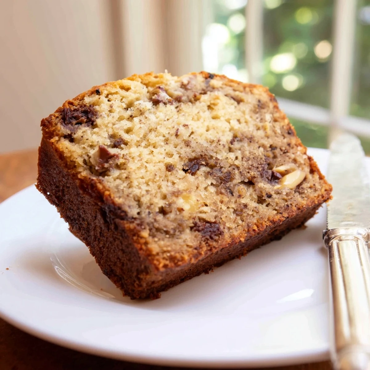 Thick slice of moist banana bread with sour cream topped with melted butter