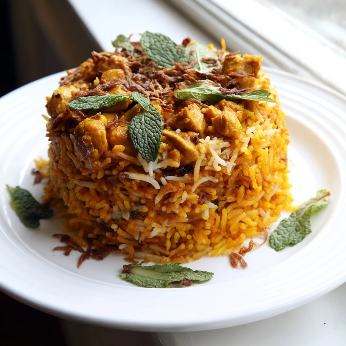 Aromatic butter chicken biryani steaming in a pot with tender spiced chicken and basmati