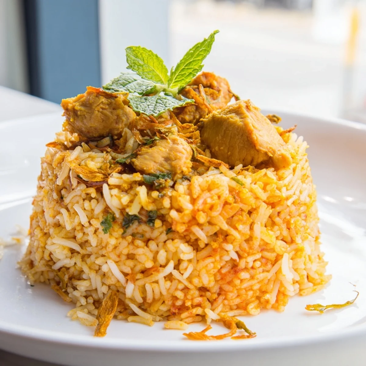 Delicious layered butter chicken biryani dish garnished with mint, fried onions, and creamy sauce