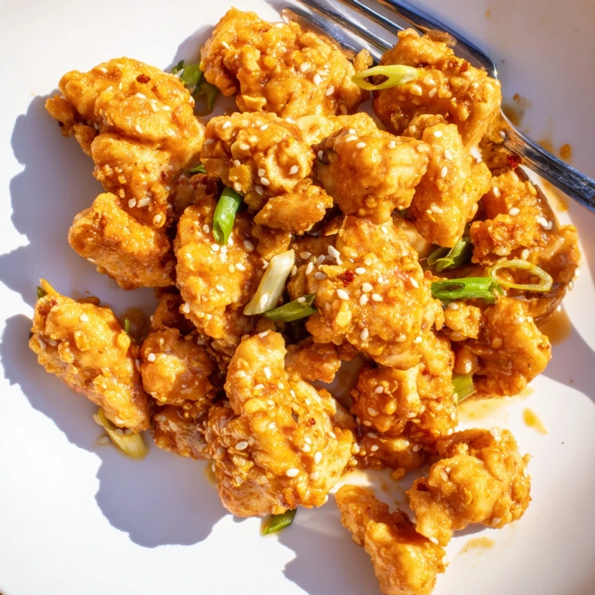 Tangy spicy Bang Bang Chicken served on white plate with toasted sesame seeds and fresh cilantro