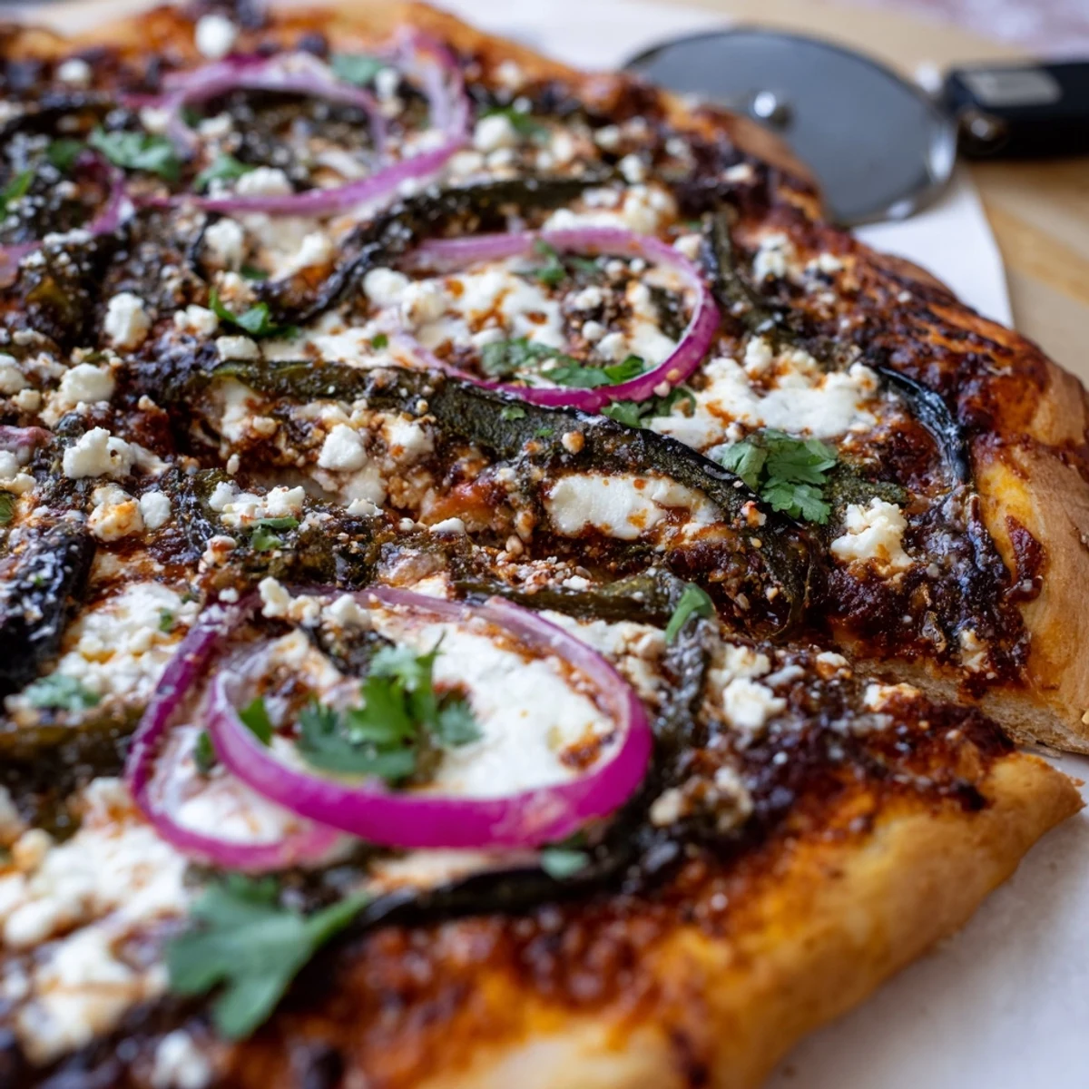 Golden crust Poblano pizza topped with roasted peppers, melted cheese, and fresh cilantro garnish