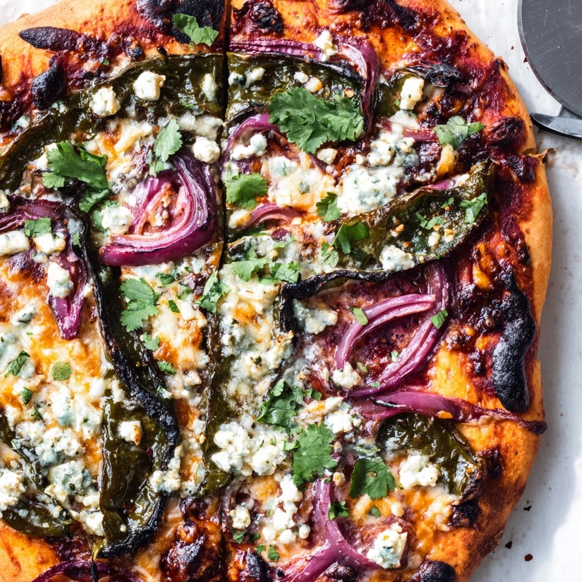 Vibrant Mexican-Italian fusion Poblano pizza bubbling with mozzarella and queso fresco after baking