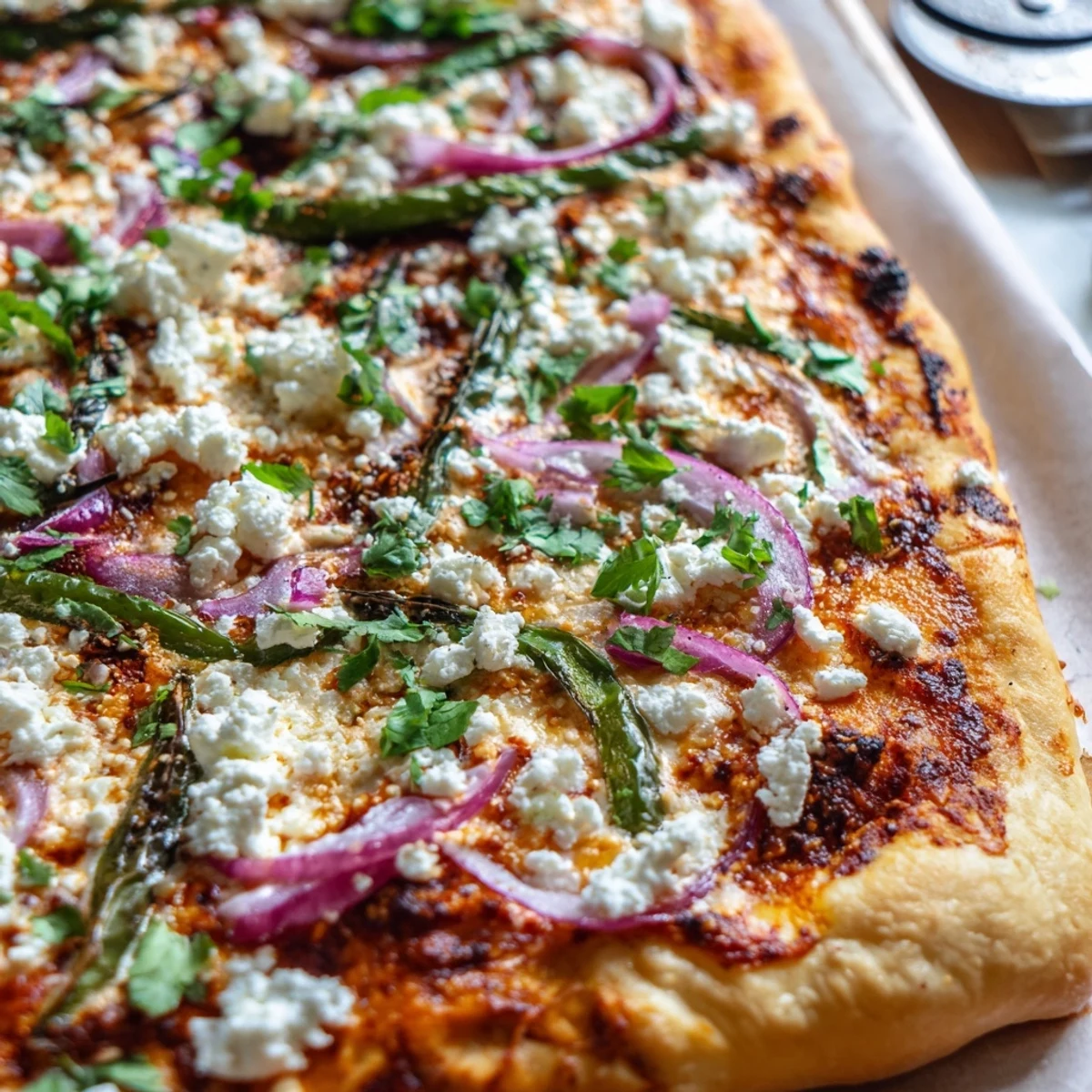 Sliced Poblano pizza with charred peppers, red onion, and bright green cilantro sprinkled on top