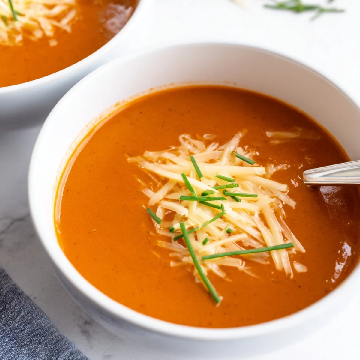 Creamy roasted red pepper Gouda soup garnished with fresh chives and extra shredded cheese