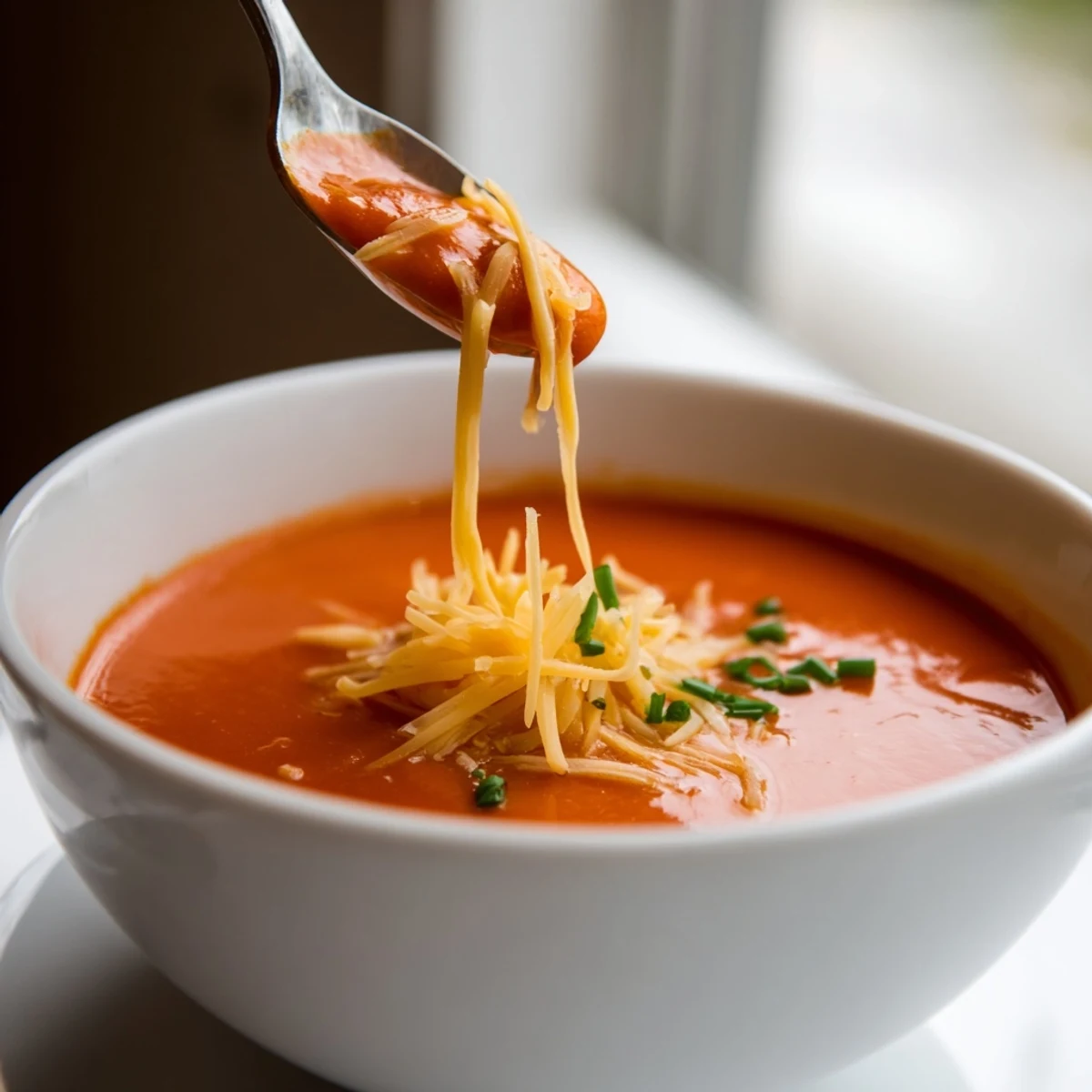 Velvety roasted red pepper Gouda soup served in white bowl with crusty bread on side