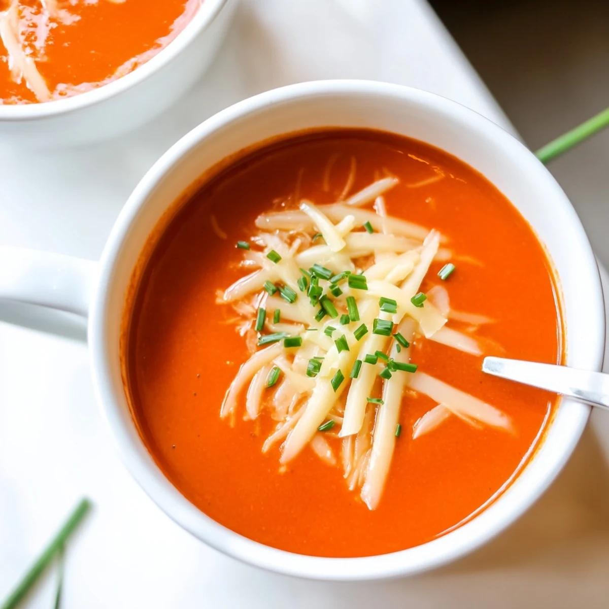 Steam rising from bowl of smooth roasted red pepper Gouda soup topped with melted cheese